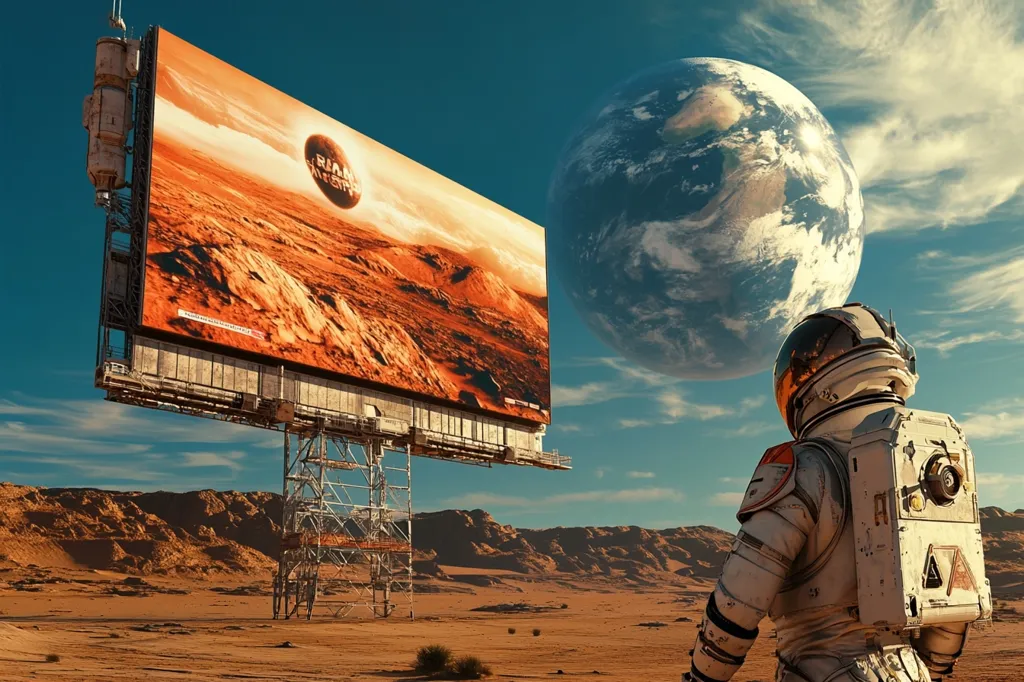 The image depicts a desolate Martian landscape under a vibrant sky. A colossal billboard, displaying a striking image of Mars' surface, dominates the foreground.  In the background, a large Earth hangs in the sky, appearing almost unrealistically close.  An astronaut, viewed from behind, stands gazing at the billboard, possibly contemplating the contrast between advertisement and reality in this futuristic, colonized setting.  The scene suggests themes of space exploration, colonization, and the potential for commercialism even beyond Earth.