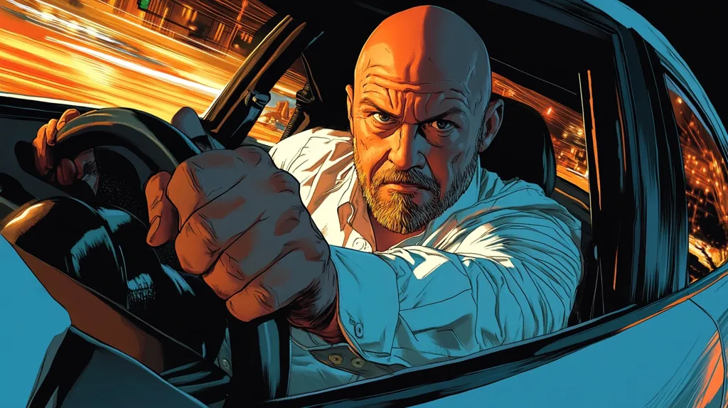 Here is a description of the image in 100 words:

The illustration is a close-up of a bald, bearded man intensely gripping the steering wheel of a car.  He's dressed in a light-colored, long-sleeved shirt. His expression is serious, even grim, suggesting a sense of urgency or determination. The car's interior is dark, contrasting with the bright streaks of city lights visible through the windows, which blur in motion suggesting high speed.  The style is hyper-realistic with dramatic lighting and sharp lines, creating a cinematic feel, almost like a movie still or comic book panel. The overall mood is tense and action-packed.