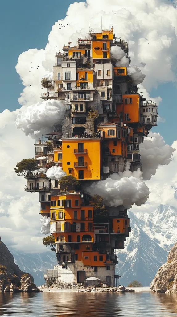 A digitally created image depicts a fantastical building seemingly suspended in a cloud formation over tranquil water.  The structure is a multi-story complex of buildings, predominantly orange and white, stacked precariously atop one another, resembling a miniature city. It sits nestled between rocky shores and a snow-capped mountain range under a partly cloudy sky, creating a surreal and dreamlike scene. The water reflects the building and sky, enhancing the overall ethereal quality.  Birds are visible in the sky adding to the imaginative atmosphere.