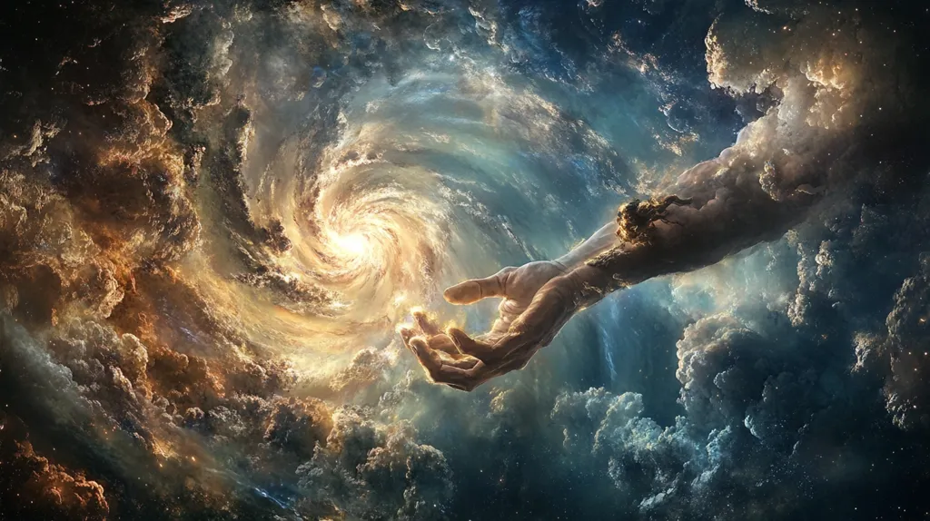 Here is a description of the image:

The artwork depicts a powerful, outstretched hand emerging from a celestial vortex. The hand, seemingly divine in scale, interacts with a swirling nebula of gold and deep blues, creating a dramatic contrast between the organic and the cosmic. The nebula is a chaotic yet beautiful spiral of light and gas, suggesting the creation or destruction of a universe. The overall effect is one of awe-inspiring power and the mystery of creation. The style is highly realistic, blending elements of fantasy and science fiction to capture a sense of the sublime.
