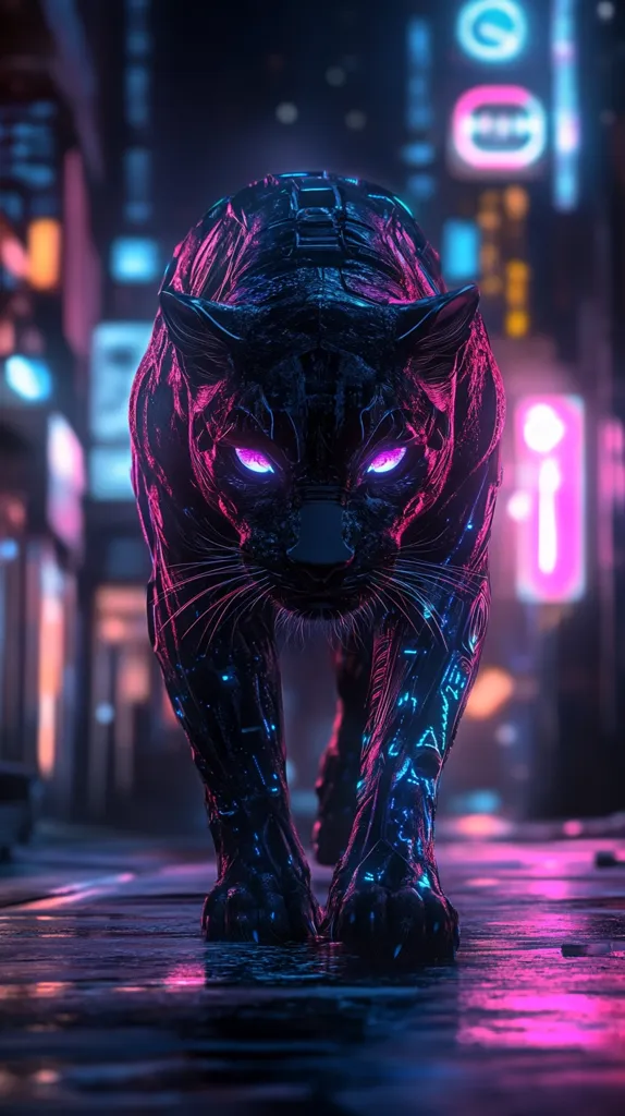 A digitally rendered image depicts a bioluminescent panther, its body seemingly crafted from a sleek, dark metal.  Glowing pink and blue accents trace its form, and its eyes emit an intense, vibrant light. The panther strides purposefully down a neon-lit, futuristic city street, reflecting the vibrant city lights. The overall atmosphere is dark, mysterious, and powerful, with a blend of organic and technological elements creating a cyberpunk aesthetic.