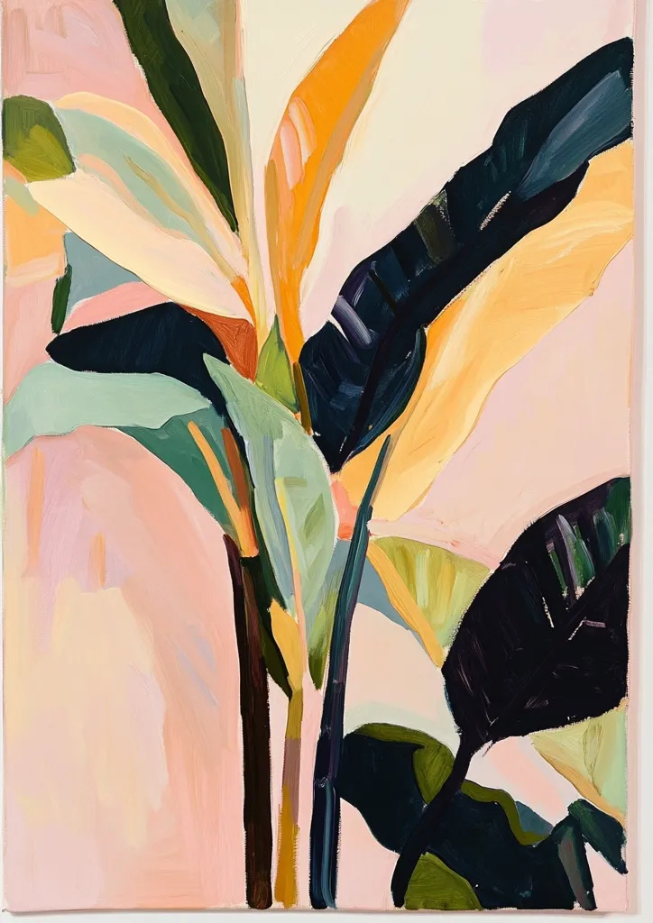 Here is a description of the image:

The artwork is an abstract painting of stylized tropical foliage.  Dominated by warm, pastel pinks and oranges, the leaves are depicted with bold, expressive brushstrokes.  Cool teal and deep greens add contrast, creating a sense of depth and shadow. The leaves are loosely rendered, emphasizing shape and color over minute detail, and the overall effect is one of vibrant energy and tropical lushness against a soft, pale background. The style suggests a modern, impressionistic approach to botanical illustration.