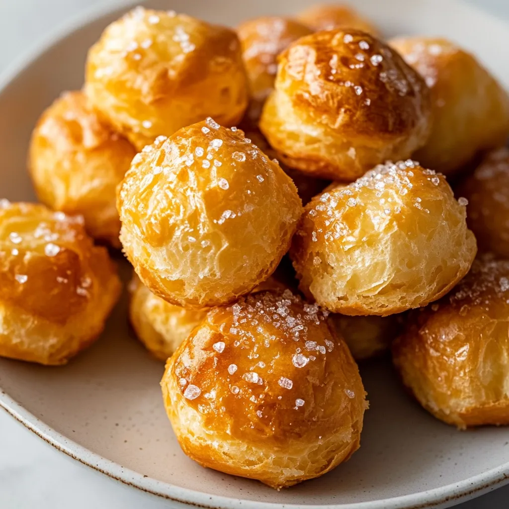 A close-up shot reveals a plate piled high with golden-brown gougères.  These small, savory cheese puffs are generously sprinkled with coarse sea salt, their puffed, airy texture visible.  The lighting highlights the glistening surfaces and the irregular shapes of the individual pastries, creating a visually appealing and appetizing image. The shallow depth of field focuses attention on the gougères in the foreground.