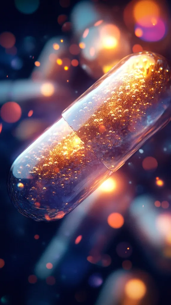 Here's a description of the image:

The image is a close-up, stylized depiction of a single capsule, seemingly filled with a shimmering, golden liquid.  Numerous small bubbles are visible within the liquid, giving it an effervescent appearance.  The capsule is transparent, allowing the contents to be clearly seen. The background is a dark, out-of-focus blur of blue and purple tones, punctuated by bright, warm-colored bokeh lights that suggest a vibrant, energetic environment. The overall effect is surreal and artistic, creating a sense of wonder and mystery around the pharmaceutical object.