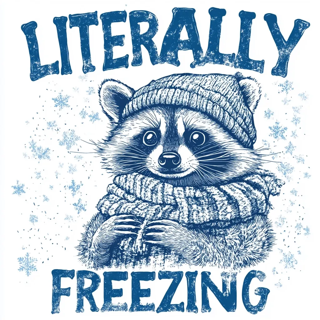 Here's a description of the image:

The image features a hand-drawn illustration of a raccoon bundled up for winter.  The raccoon wears a knitted beanie and a chunky scarf, its expression one of mild contentment despite the cold.  The style is reminiscent of vintage printmaking, with a distressed, slightly textured blue ink effect on a white background.  Scattered snowflakes surround the raccoon, enhancing the winter theme.  The words "LITERALLY FREEZING" are prominently displayed above and below the raccoon, using the same blue, distressed typeface. The overall feel is cute and humorous, suggesting a playful take on winter weather.