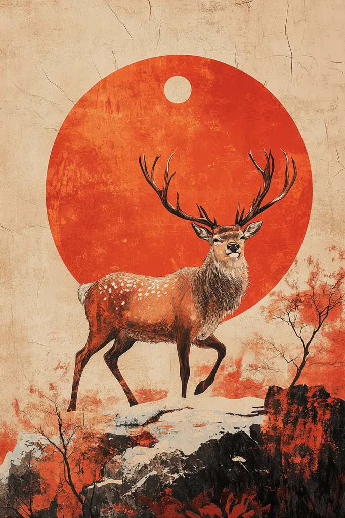 Here's a description of the image:

The artwork features a majestic stag, its antlers spread wide, standing on a snow-dusted rocky outcrop. The stag is rendered in warm, earthy tones, its coat a blend of browns and reddish hues, speckled with white spots.  Behind it, a large, textured orange circle dominates the background, resembling a stylized sun or moon, with a smaller, pale circle within it.  The scene is set against a backdrop of stylized, sparse trees, their branches reaching towards the celestial body. The overall style evokes a sense of serenity and ancient symbolism, with a slightly distressed texture adding to the aged, vintage aesthetic.