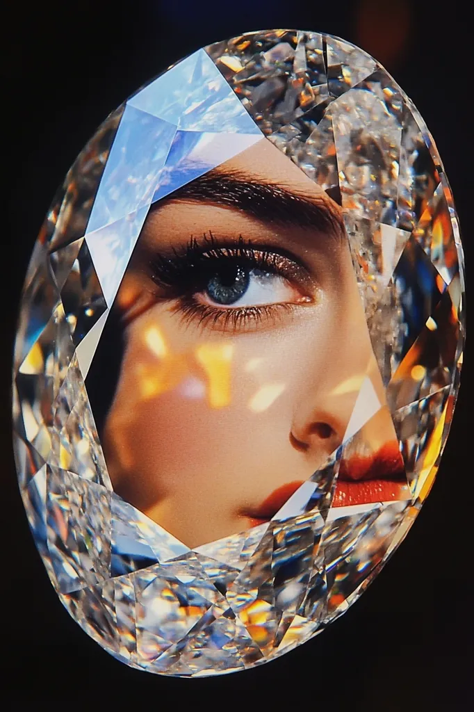 Here's a description of the image:

The image is a striking close-up of a large, oval-cut diamond. The diamond's facets brilliantly refract light, creating a dazzling display of internal fire and sparkle.  Part of a woman's face, specifically her eye, eyebrow, and part of her cheek and mouth, is visible through the diamond, creating a surreal and captivating effect.  The woman's makeup is subtly glamorous, and the interplay of light and shadow on her skin enhances the overall dramatic feel. The background is a deep black, making the diamond and the woman's features pop. The overall impression is one of luxury, beauty, and a unique artistic fusion of nature and portraiture.