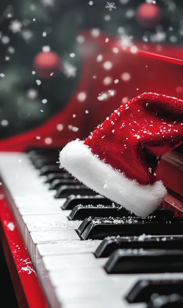 A red piano sits dusted with snow, a festive Santa hat resting on its keys.  Snowflakes gently fall, creating a magical Christmas scene.  The out-of-focus background hints at a Christmas tree and ornaments, enhancing the winter wonderland ambiance. The image evokes feelings of warmth and holiday cheer, suggesting a cozy Christmas evening filled with music.