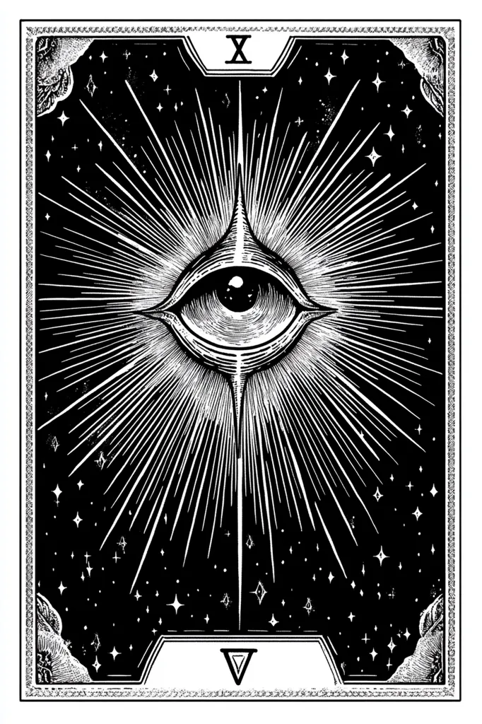 The image is a stylized black and white illustration resembling a tarot card. A large, all-seeing eye, reminiscent of the Eye of Providence, is centrally positioned, radiating light beams against a dark, starry background.  The eye is framed within an ornate border, with Roman numerals "X" at the top and "V" at the bottom, adding to its mystical and symbolic appearance. The intricate linework creates a striking contrast between light and dark, enhancing the overall mysterious and powerful feel.