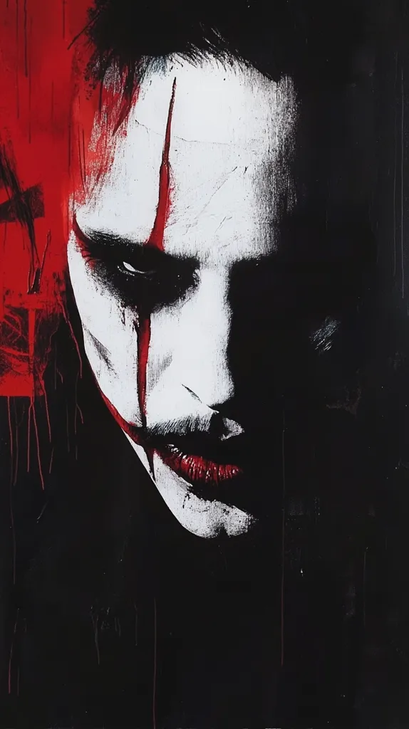 The image is a close-up portrait, seemingly a stylized painting or digital art piece.  It depicts a person's face, mostly in shades of black and white, with stark red streaks running down the face. The expression is unsettling, with dark eyes and a slightly sinister smile. The background is dark, adding to the overall mysterious and somewhat menacing mood. The style suggests a gothic or horror influence. The texture appears coarse, mimicking painted strokes.