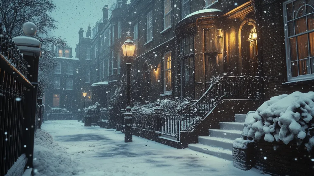 A snow-covered street scene depicts a row of charming, old brick townhouses under a softly falling snow.  Warm, inviting light spills from the windows and doorways, contrasting with the cool, snowy ambiance.  Ornate iron fences line the sidewalks, and a gas lamp casts a gentle glow on the freshly fallen snow. The atmosphere is peaceful and evokes a sense of cozy winter charm.
