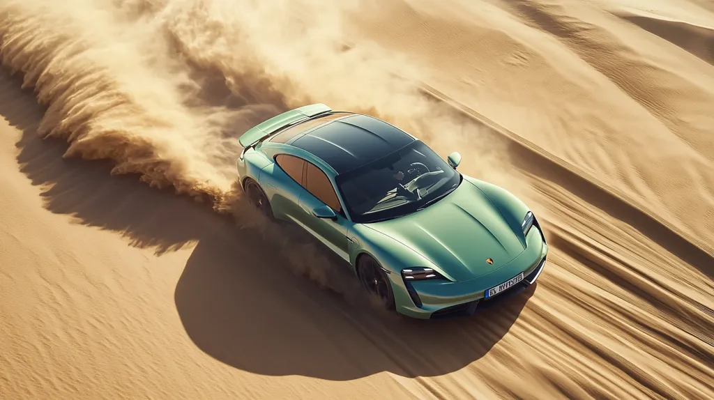 Here's a description of the image:

High-angle view of a sleek, sage-green Porsche Taycan electric car speeding across a sandy desert landscape.  The car kicks up a significant plume of dust behind it, emphasizing its motion and power.  The desert dunes are textured and show the car's tracks. The lighting suggests it's daytime, with the sun possibly somewhat low in the sky.  The image focuses on the car, highlighting its design and the dynamic action of driving in the challenging terrain.