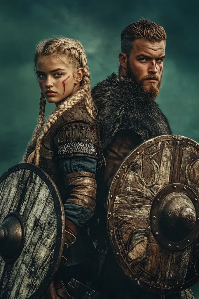A striking portrait of a Viking couple, clad in period-accurate attire.  The woman, with blonde braids and battle scars, stands beside a powerfully built man with a beard and similar markings.  Both hold large, intricately designed wooden shields, suggesting warriors ready for battle. The dark, moody background enhances the dramatic intensity of the image, hinting at a fierce and uncompromising world. Their serious expressions convey strength and resolve.