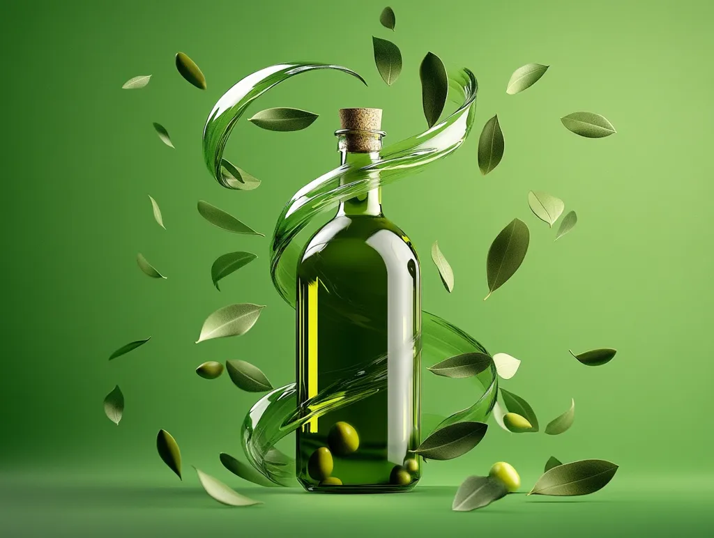 A bottle of olive oil is the centerpiece of this vibrant green image.  Surrounding the bottle is a swirling, translucent green liquid, suggestive of olive oil, interwoven with several falling olive leaves and a few olives. The scene is set against a solid green backdrop, creating a harmonious and visually appealing representation of the product.  The overall impression is one of freshness, purity, and natural goodness.