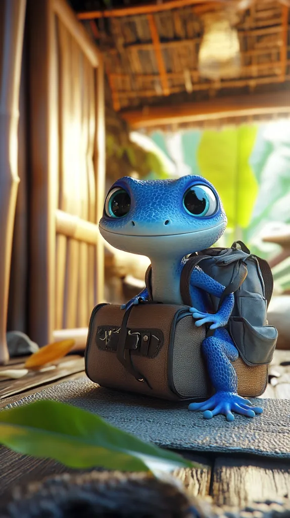 Here's a description of the image:

A charming, digitally rendered blue gecko with large, expressive eyes sits atop a small, brown suitcase. It's wearing a miniature backpack. The gecko appears friendly and possibly ready for travel. The setting is a rustic, outdoor location, suggesting a tropical or subtropical climate, with a bamboo structure visible in the background. A leaf is in the foreground, partially obscuring the wooden surface. The overall mood is whimsical and cute.