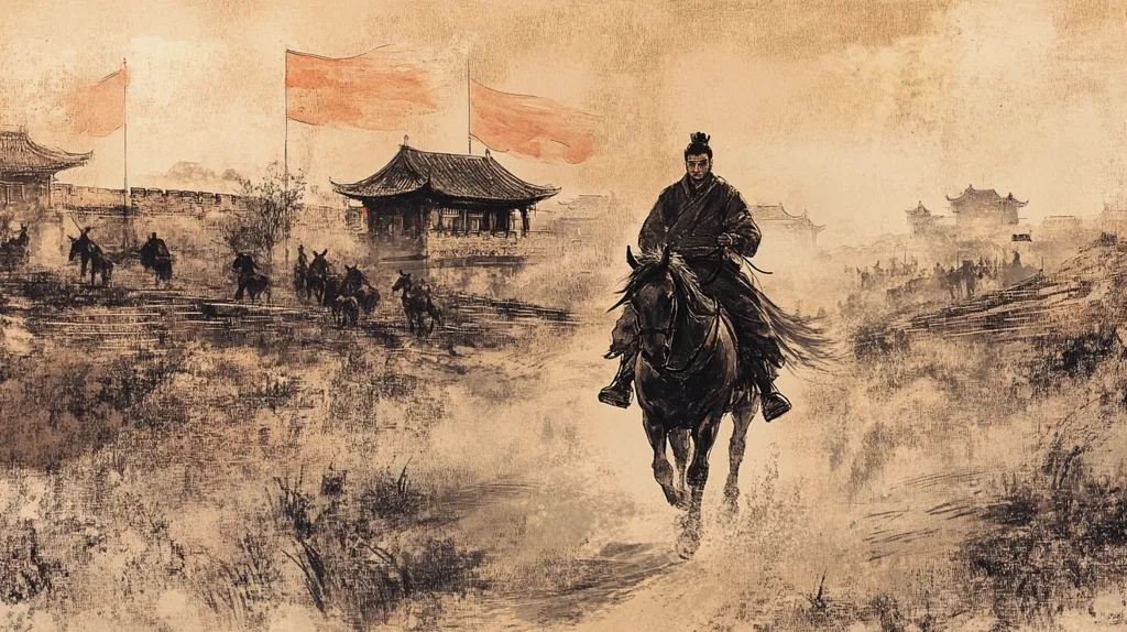 A lone figure on horseback rides away from a walled city, several other riders following in the distance.  The scene is rendered in a sepia-toned, painterly style, evoking a sense of history and possibly a journey or departure.  Large orange flags hang from poles near the city walls, which are topped with traditional Asian-style buildings. The overall effect is one of antiquity and movement, hinting at a narrative of travel or perhaps military activity. The artistic style suggests traditional East Asian brush painting techniques.