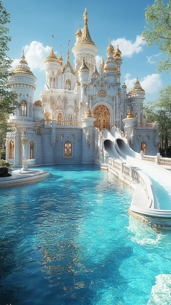 A majestic, white and gold castle sits beside a vibrant blue pool.  The castle, detailed with intricate spires and towers, features a grand entrance and two elegant water slides leading directly into the pool. The surrounding landscape is lush, with trees partially visible.  The scene is idyllic, resembling a fairytale setting under a bright, sunny sky. The water reflects the castle's grandeur, creating a visually stunning image.