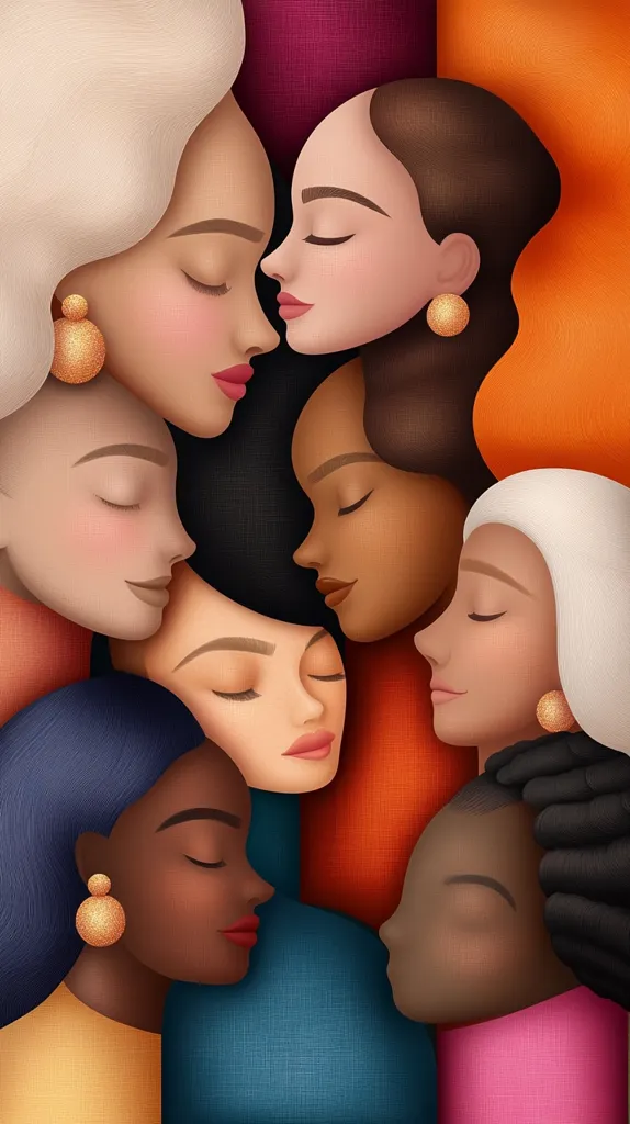 A stylized illustration depicts a circle of women with diverse skin tones, eyes closed in peaceful repose.  Their heads are nestled together, suggesting unity and connection.  Each woman wears a simple gold earring, and the background features textured blocks of rich, warm colors. The artistic style is smooth and slightly abstract, emphasizing the soft contours of faces and the overall sense of harmony.  The image evokes a feeling of sisterhood and shared experience.