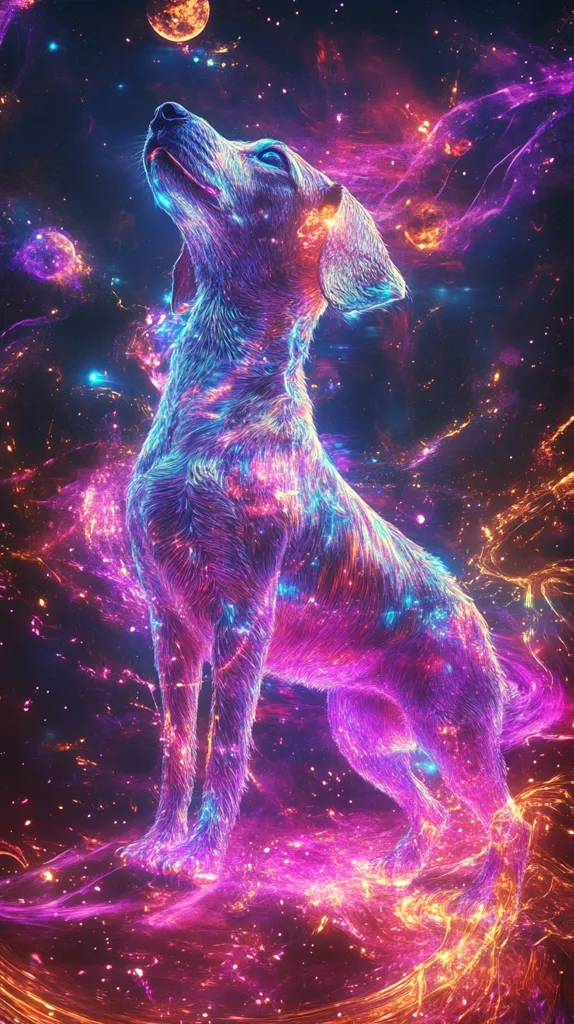 A vibrant, digital artwork depicts a dog rendered in shimmering, cosmic hues of purple, pink, and orange. The dog stands against a backdrop of a nebula-like expanse, speckled with stars and swirling gases.  Its fur appears to be composed of light trails and energy, blending seamlessly with the surrounding cosmic scene.  A distant, glowing celestial body is visible in the upper left corner, enhancing the ethereal quality of the image. The overall impression is one of magical realism and otherworldly beauty.