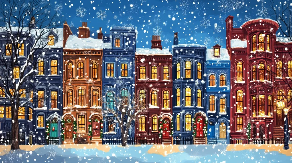 A charming row of snow-dusted townhouses glows warmly under a falling snow.  The buildings, in shades of deep blue, burgundy, and brown, are adorned with festive wreaths.  Warm interior lights shine through the windows, creating a cozy atmosphere.  Bare, snow-laden trees line the street, adding to the picturesque winter scene. The overall style is painterly and evokes a sense of peaceful holiday cheer.