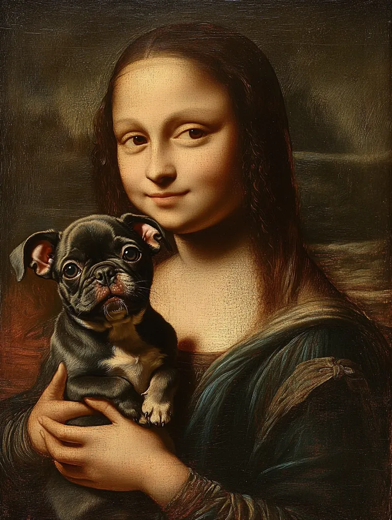 Here's a description of the image:

The artwork is a playful reimagining of Leonardo da Vinci's Mona Lisa.  The iconic woman retains her enigmatic smile and pose, but instead of her hands resting demurely, she lovingly cradles a small, dark-colored pug puppy. The puppy, with its endearing expression, contrasts beautifully with the woman's serene countenance. The painting style mimics the original Mona Lisa's, maintaining a similar color palette and soft focus, creating a harmonious blend of classic and contemporary elements. The result is a humorous yet sophisticated piece that blends high art with canine charm.