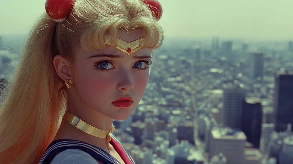 Here's a description of the image:

Close-up view of a young woman styled as Sailor Moon.  She has long blonde hair styled in high pigtails with red bows, and wears the iconic golden crescent moon tiara.  Her makeup is styled to match the anime character, with rosy cheeks and bright red lips. She's wearing a gold choker and a hint of her sailor fuku is visible. The background is a softly focused cityscape, suggesting a high vantage point.  The overall style is dreamy and evocative of the anime.