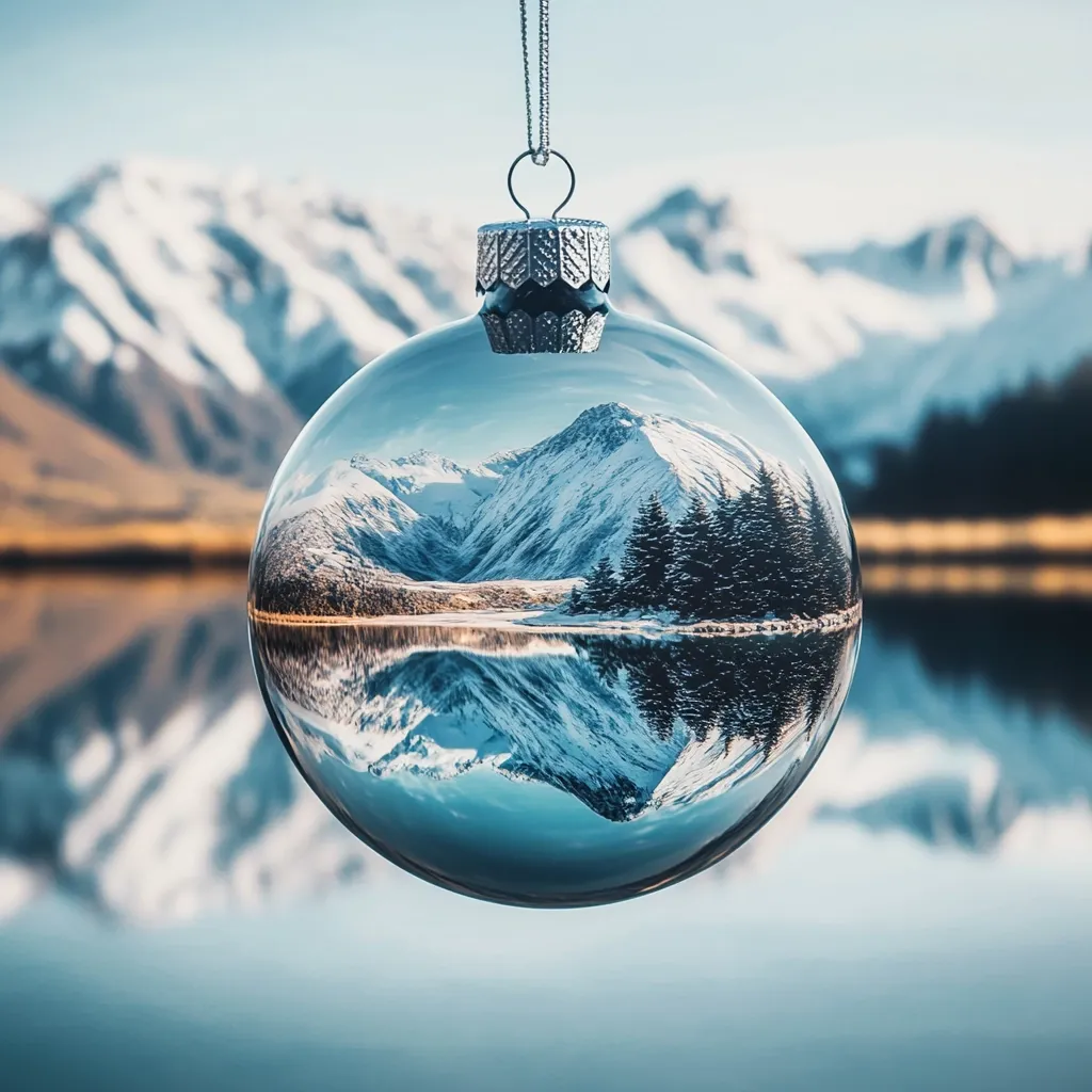 Here's a description of the image:

A large, clear glass ornament hangs, reflecting a serene winter landscape.  The ornament captures a snow-capped mountain range mirroring itself in a calm lake.  Dark evergreen trees line the lake's edge, adding depth to the scene. The background shows a broader view of the mountains and the placid water, creating a visually stunning, double-exposed effect. The overall image evokes a feeling of peace and tranquility, showcasing the beauty of a winter wonderland encapsulated within a Christmas decoration.