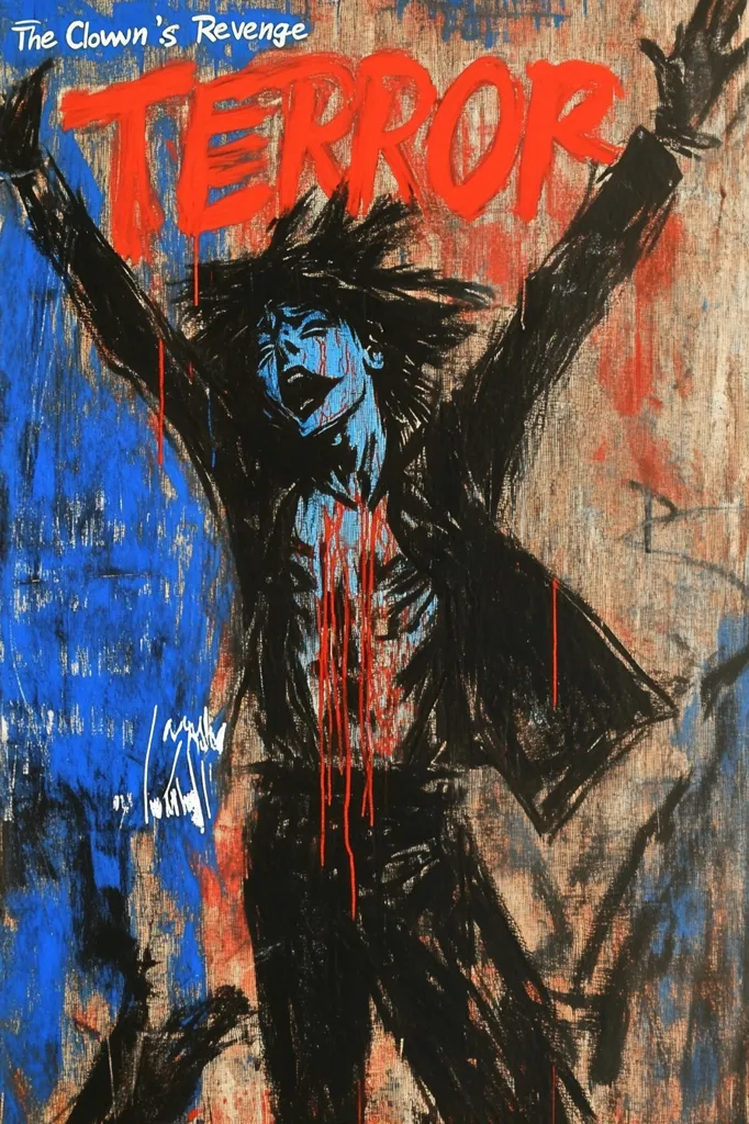 The artwork is a dynamic expressionist painting titled "Terror," subtitled "The Clown's Revenge." It depicts a figure, possibly a clown victim, with arms outstretched, screaming in anguish. The figure's attire is dark, and red streaks suggest blood, enhancing the sense of violence. The background is a chaotic mix of blue, red, and beige, mimicking distressed wood. Bold red lettering of the word "TERROR" dominates the piece, adding to the overall sense of horror and chaos. The style is raw and energetic, reflecting the dramatic title.  The artist's signature is partially visible.
