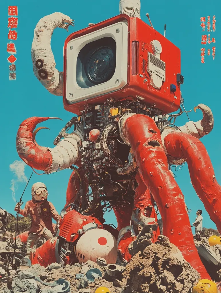 A vibrant, retro-futuristic illustration depicts a large, red robotic creature resembling an octopus with a camera-like head.  Its body is a complex assembly of wires, tubes, and mechanical parts.  Two figures in retro-styled space suits are dwarfed by the robot, seemingly working on or near it in a rocky, desolate landscape under a bright blue sky. The overall style is reminiscent of vintage science fiction posters or album art, with a slightly surreal and whimsical feel.  Japanese text is visible on the poster's side.