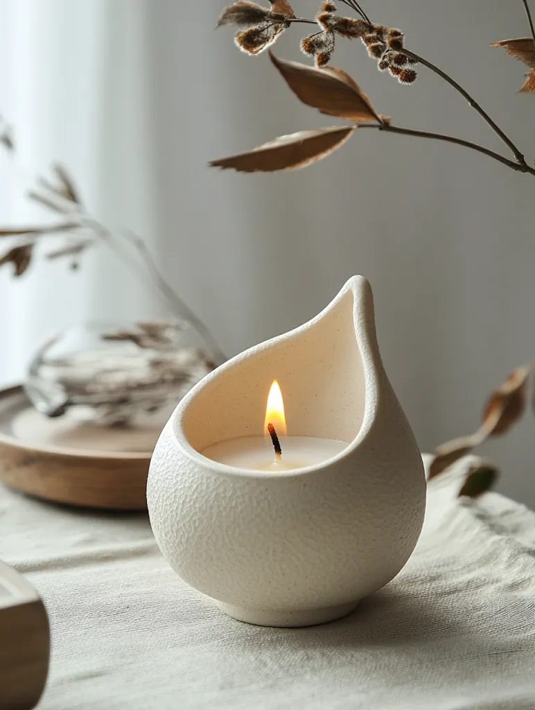 A softly lit, off-white, textured ceramic candle holder in a teardrop shape holds a single burning candle.  The holder sits on a light beige fabric surface.  Dried, muted brown branches with seed pods are artfully arranged in the background, adding to the calm, minimalist aesthetic of the scene.  A hint of a wooden tray and a glass object are visible in the blurred foreground. The overall feeling is one of serenity and tranquility.
