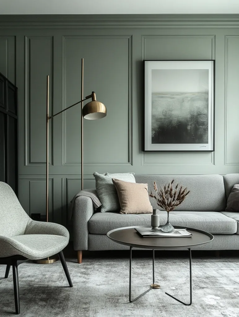 Here's a description of the image:

A sophisticated living room is elegantly furnished in muted grey and green tones.  A grey fabric sofa sits against a sage green wall with paneled detailing, complemented by a similarly colored armchair. A brass floor lamp stands beside the armchair.  A dark grey circular coffee table sits between the sofa and armchair, holding a magazine and a dried flower arrangement.  A large abstract artwork hangs above the sofa. The room is finished with a soft, textured rug and creates a calming, modern atmosphere.