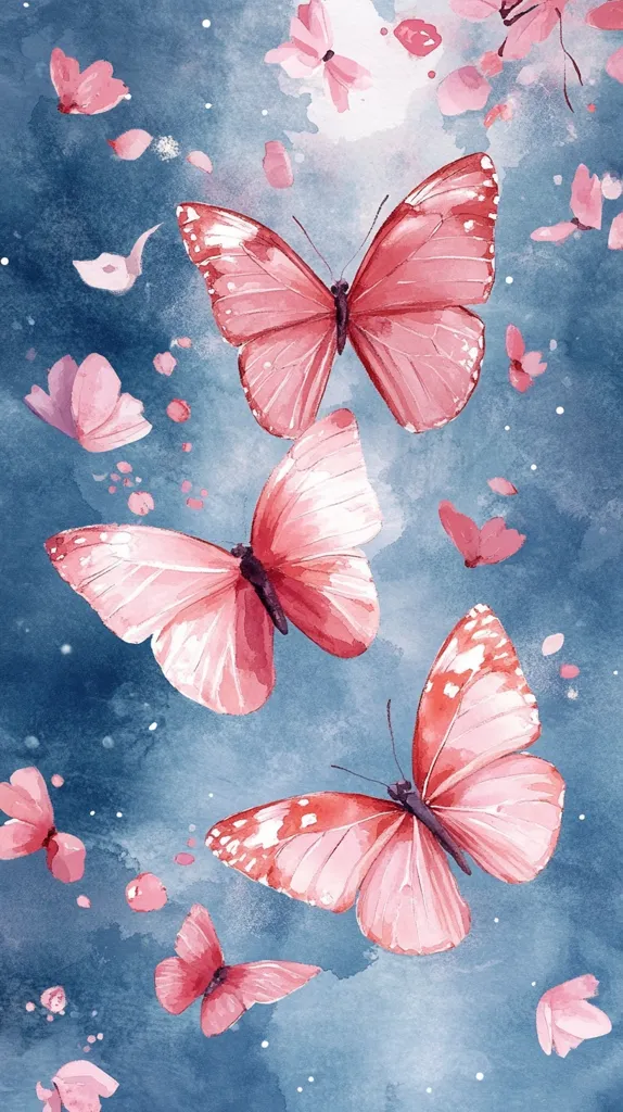 A watercolor painting showcases several delicate, light pink butterflies fluttering against a soft, blue-grey backdrop.  The butterflies are rendered with soft, translucent wings, giving a sense of lightness and airiness.  Scattered pink petals, appearing like falling blossoms, add to the ethereal and romantic atmosphere of the piece. The style is dreamy and evokes a feeling of gentle movement and serene beauty.