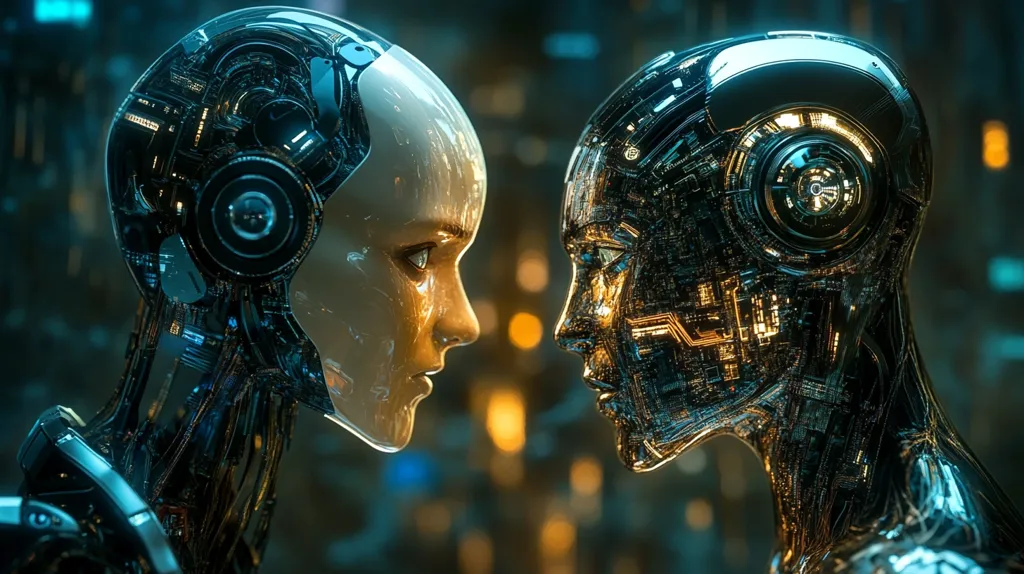 The image shows two advanced humanoid robots facing each other.  One robot has a translucent, pale gold head revealing intricate internal mechanisms, while the other is dark metallic with glowing circuitry visible through its transparent shell.  Both possess highly detailed features and a lifelike human-esque form. The background is a blurred, futuristic cityscape, enhancing the sci-fi aesthetic. The robots' close proximity and direct gaze suggest a moment of interaction or confrontation.