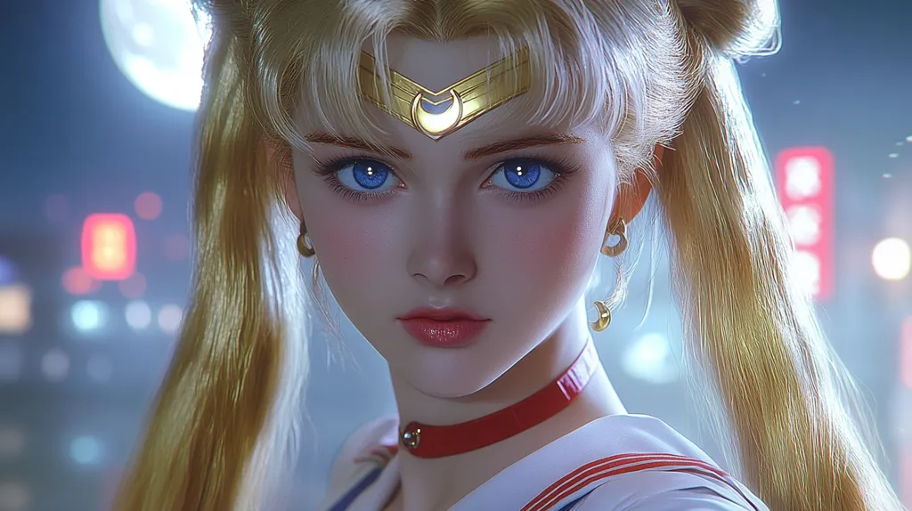 Here's a description of the image:

The image is a digital painting or rendering of a young woman, strongly resembling Sailor Moon. She has long, blonde hair styled in odango buns, and is wearing her iconic crescent moon tiara.  Her large, bright blue eyes are striking, and she has a serene yet determined expression. She's adorned with gold crescent moon earrings and a red choker.  The background is blurred, depicting a nighttime cityscape with soft, out-of-focus lights suggesting a city at night. The overall style is hyperrealistic, with a focus on the character's detailed features and hair.