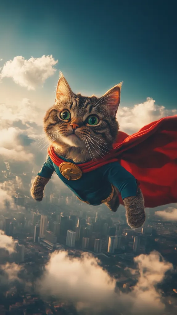 Here's a description of the image:

A playful digital rendering depicts a tabby cat soaring through the sky, superhero style.  The cat, with wide, expressive green eyes, wears a dark blue superhero costume with a red cape billowing behind it. It's positioned above a sprawling cityscape partially obscured by clouds, creating a dramatic, almost surreal scene. The sun shines brightly in the background, contrasting with the darker tones of the city below. The overall feel is whimsical and fun, blending elements of fantasy and reality.
