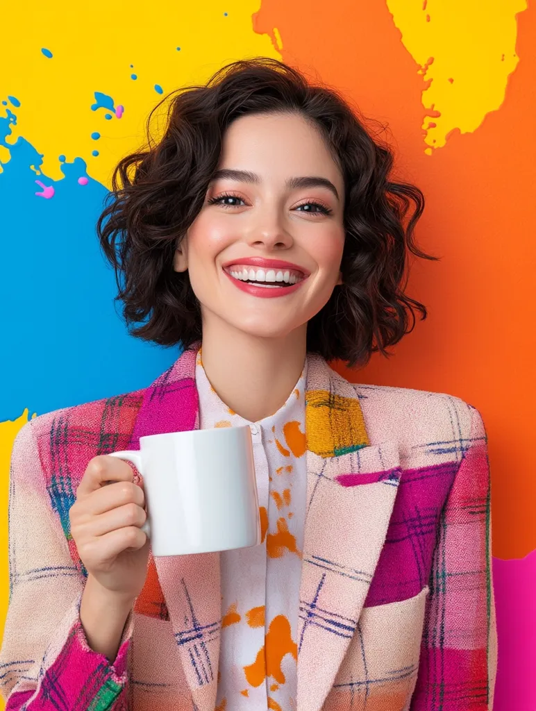 A young woman with short, curly brown hair smiles brightly while holding a white mug.  She's wearing a vibrant, multicolored plaid blazer over a patterned blouse. The background is a bold, abstract splash of yellow, orange, and blue paint, creating a cheerful and energetic atmosphere. The overall image is stylish and playful.