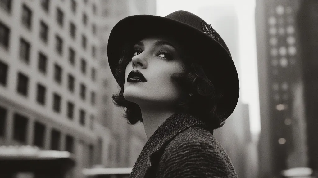 A black and white, close-up portrait of a woman in a fedora. Her dark, wavy bob is visible beneath the hat, which is adorned with a small detail.  She is wearing a textured, dark-colored coat. Her expression is serious, her gaze directed upward and slightly away from the camera. The background is blurred, showcasing a city of tall buildings, creating a dramatic contrast between the woman and the urban landscape. The overall aesthetic is reminiscent of classic Hollywood glamour.