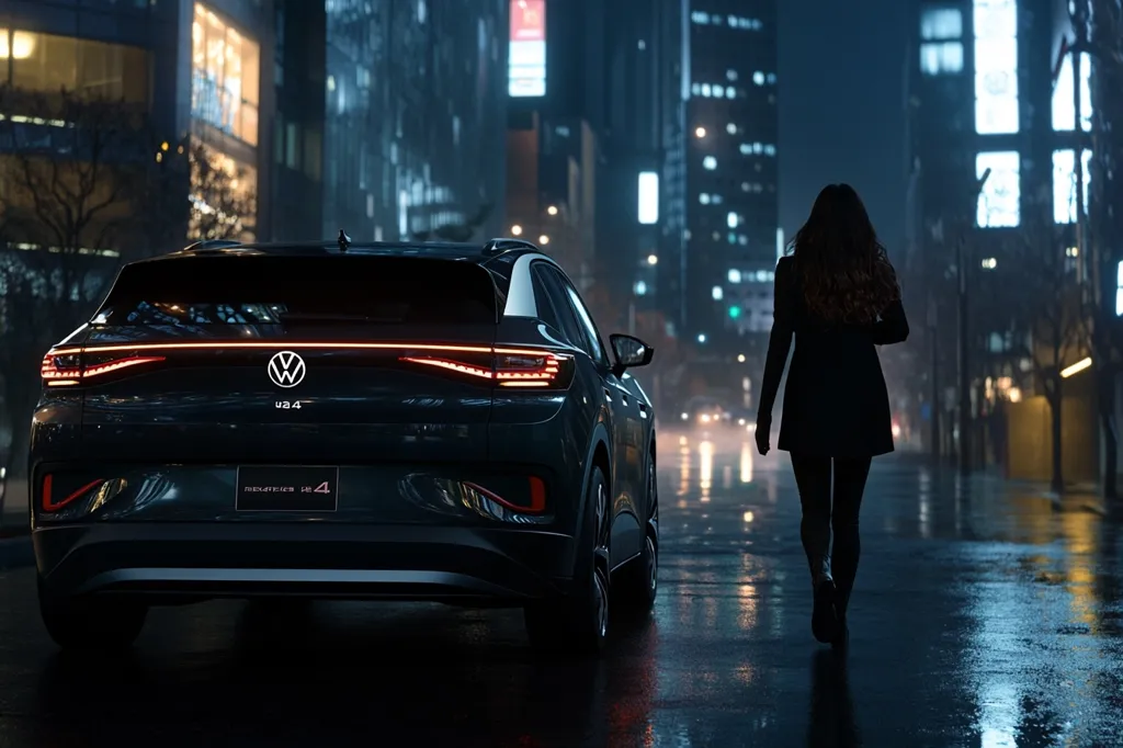 A dark-colored Volkswagen ID.4 electric SUV is parked on a rain-slicked city street at night.  The rear of the vehicle is prominently displayed, its taillights glowing brightly. A woman in a dark coat walks away from the car, her silhouette stark against the blurred city lights and reflections in the wet pavement. The overall atmosphere is moody and atmospheric.