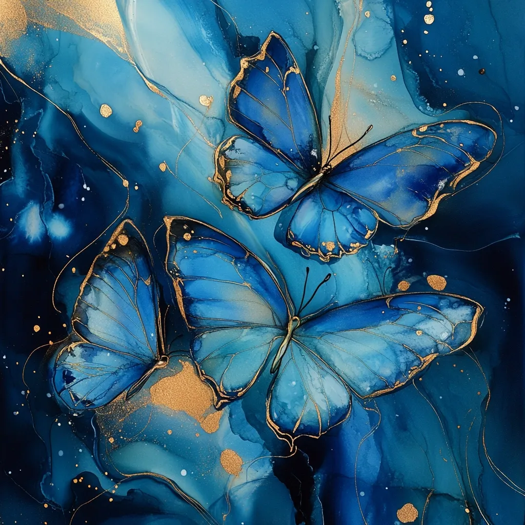 Here's a description of the image:

The artwork showcases three vibrant blue butterflies, their wings elegantly outlined in gold, set against a mesmerizing backdrop of swirling teal and dark blue alcohol inks.  The fluidity of the background contrasts beautifully with the sharp detail of the butterflies, creating a sense of motion and depth.  Specks of gold glitter are scattered throughout, adding to the luxurious and ethereal feel of the piece. The butterflies appear to be floating amidst a cosmic, liquid landscape, emphasizing their delicate beauty.