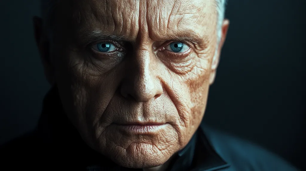 Close-up portrait of an elderly man with deeply lined, weathered skin and intense blue eyes.  His expression is serious, almost stern, conveying a sense of gravity and lived experience. The lighting is dramatic, highlighting the texture of his face and creating a strong contrast against a dark background. The image focuses on his face, emphasizing his age and the story etched onto his features.  He appears to be wearing a dark jacket.