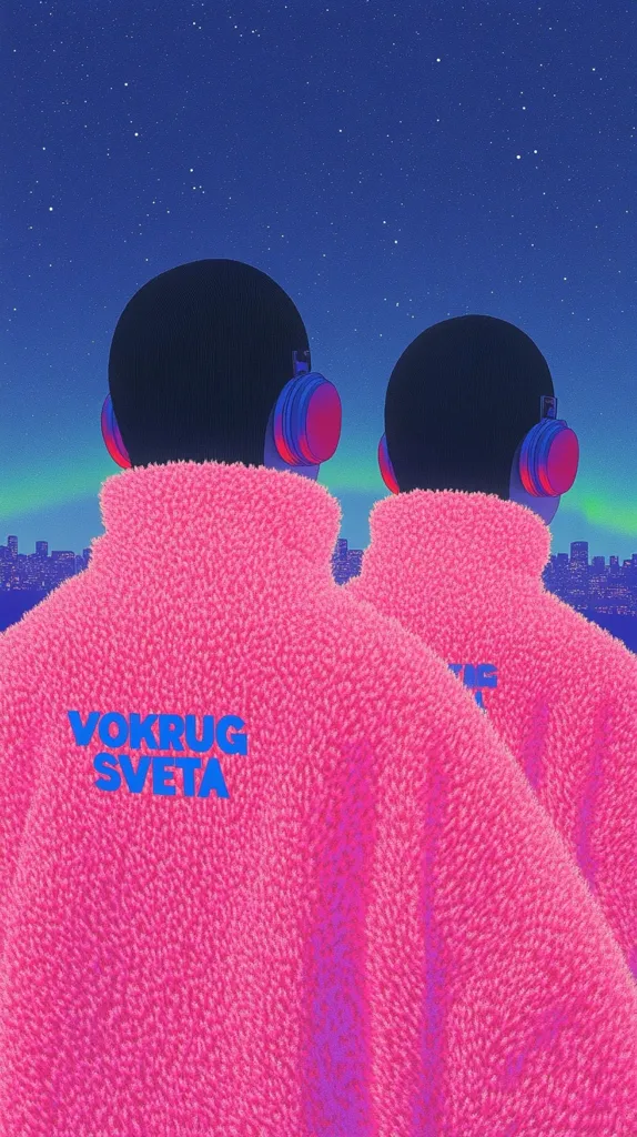 Here's a description of the image:

The image is a stylized digital artwork depicting two figures from behind, wearing oversized, bright pink fluffy jackets.  They have dark hair and are wearing over-ear headphones. The text "VO KRUG SVETA" is visible on the jacket of the closer figure.  The background features a cityscape at night under a dark blue, starlit sky with a hint of green aurora borealis-like light near the horizon.  The overall aesthetic is vibrant, retro-futuristic, and slightly surreal.