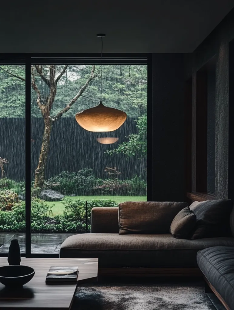 Here's a description of the image:

A modern, minimalist living room features a large, low-slung sectional sofa in muted brown tones.  It faces a expansive window showcasing a lush, rain-soaked garden.  A unique, wide, shallow, golden-hued pendant lamp hangs centrally above the coffee table. The overall atmosphere is calm and serene, highlighted by the soft light of the lamp contrasting with the dark interior and the dramatic outdoor rain. The dark wood floors and walls contribute to the sophisticated and tranquil ambiance.
