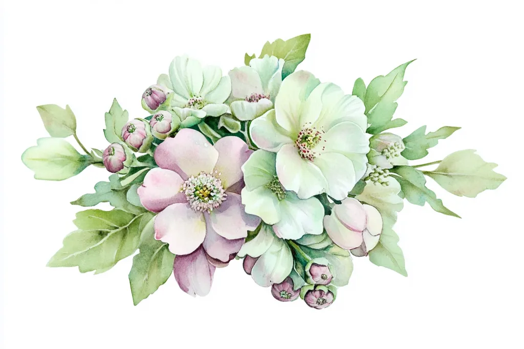 A watercolor painting showcases a delicate bouquet of blossoms.  Pale pink and white flowers, possibly anemones or roses, are clustered together, their petals softly rendered with varying shades.  The flowers are interspersed with small, unopened buds and lush, light green leaves, creating a sense of natural abundance. The composition is arranged horizontally, suggesting a floral arrangement or border. The overall style is romantic and subtly impressionistic.