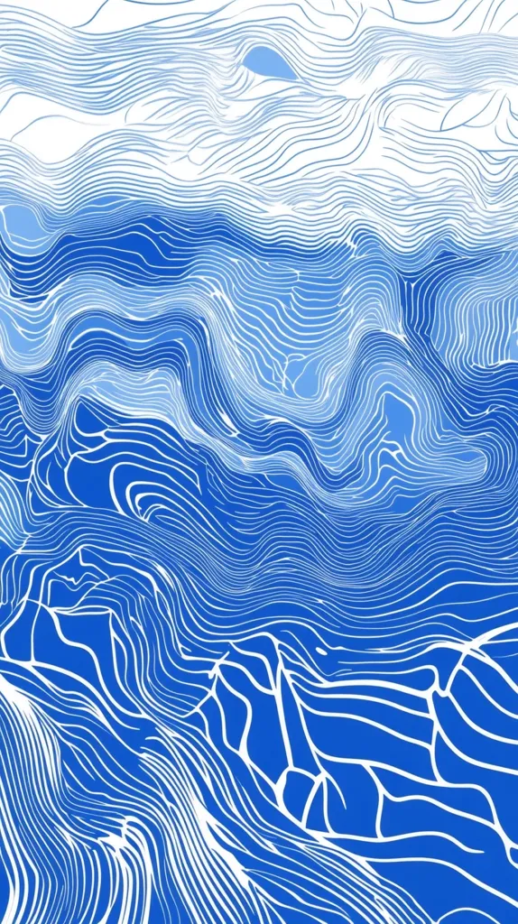 The image is an abstract representation of a landscape, possibly rice terraces, rendered in shades of blue and white.  White lines create a contour effect, suggesting undulating hills and valleys.  The lines are densely packed, giving a sense of depth and texture. The overall style is reminiscent of a topographic map or a stylized digital rendering of a three-dimensional surface.  The blue tones create a calming and cool visual effect.