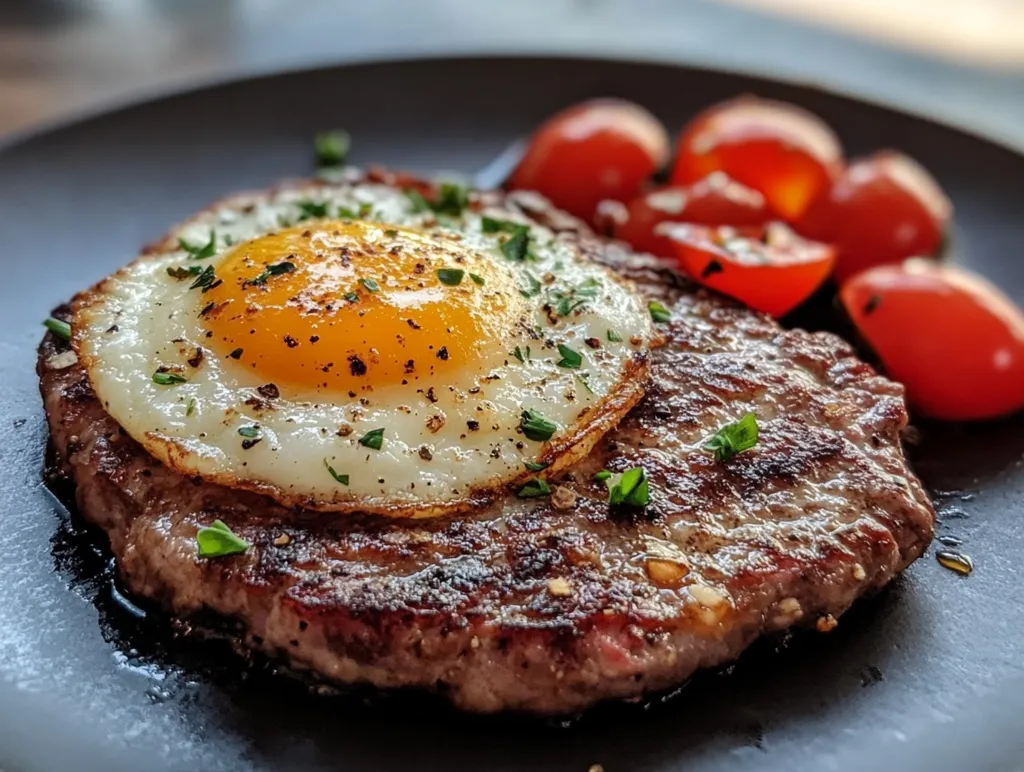 Here's a description of the image:

Close-up view of a perfectly cooked hamburger patty topped with a fried egg. The egg yolk is sunny-side up, with a sprinkle of herbs and spices visible.  The patty is browned and slightly charred, suggesting it's been grilled or pan-fried.  A small side of roasted cherry tomatoes adds a pop of color. The entire dish rests on a dark-colored plate. The image focuses on the textures and details of the food, creating a visually appealing and appetizing scene.