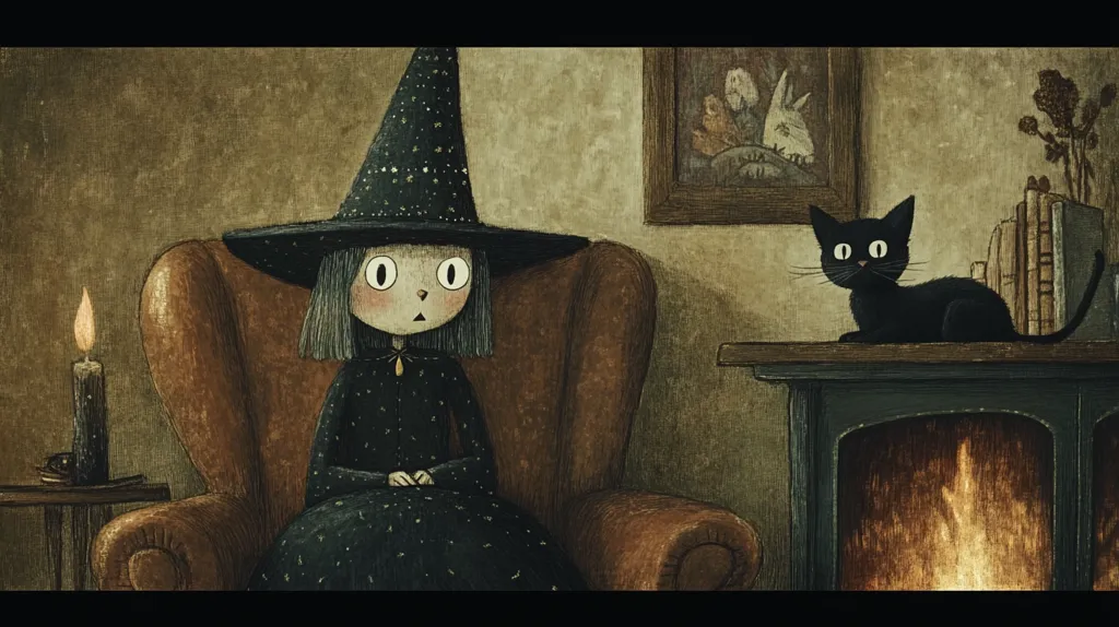 A young witch, wearing a dark, star-studded hat and dress, sits pensively in an armchair.  A lit candle rests on a nearby side table.  A black cat perches on a mantelpiece above a crackling fire, observing the scene. The overall style is dark and whimsical, reminiscent of children's book illustration, with muted earth tones and a slightly melancholic atmosphere.  A framed picture hangs on the wall behind the witch.