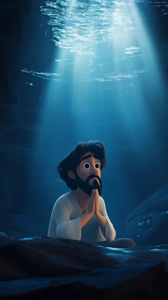 Here is a description of the image:

The image depicts a stylized, animated figure resembling Jesus, seated in a dimly lit underwater cavern.  He is shown in a prayerful pose, hands clasped together.  Beams of light penetrate the water above, illuminating him in a serene yet somber setting.  The style is reminiscent of modern animation, with smooth textures and a focus on mood and atmosphere.  The overall feeling is one of peaceful contemplation and spiritual devotion within a mysterious, aquatic environment.