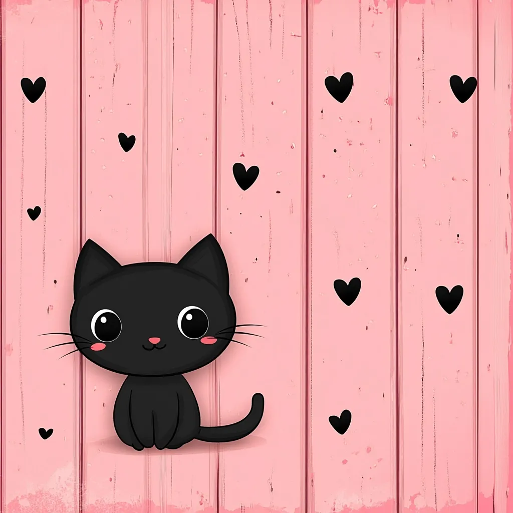 Here's a description of the image:

The image features an adorable cartoon black cat sitting against a backdrop of pale pink wooden planks.  The cat has large, expressive eyes and a small, pink nose.  Scattered across the wooden background are small, black hearts, adding a touch of whimsy and romance. The overall style is cute and playful, suitable for a child's room or a Valentine's Day themed design. The pink wood has a slightly distressed, vintage look.