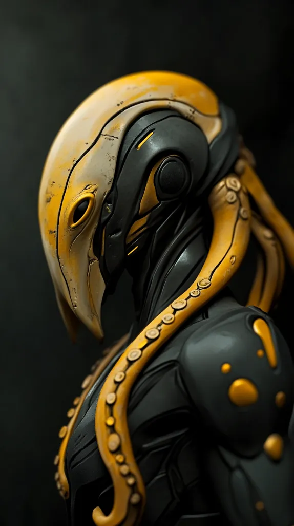 Close-up view of a futuristic, stylized figure, possibly a robot or cyborg.  Its head is helmet-like, predominantly yellow with a weathered texture, and features sharp angles.  The body is dark grey or black, accented with gold or yellow organic-looking tendrils resembling an octopus. The design blends hard, mechanical elements with softer, bio-organic forms creating a striking contrast. The overall aesthetic is dark, futuristic, and somewhat ominous.