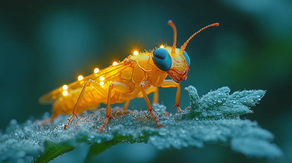 Here's a description of the image:

Close-up view of a bioluminescent insect, seemingly digitally enhanced or artistically rendered. The insect is amber or gold in color, with small, bright lights illuminating its body.  Its eyes are a striking teal blue.  It rests on a dew-covered leaf, the water droplets adding to the image's mystical quality. The background is a blurred teal, deepening the focus on the insect.  The overall effect is one of fantasy or science fiction, suggesting a magical creature of nature.